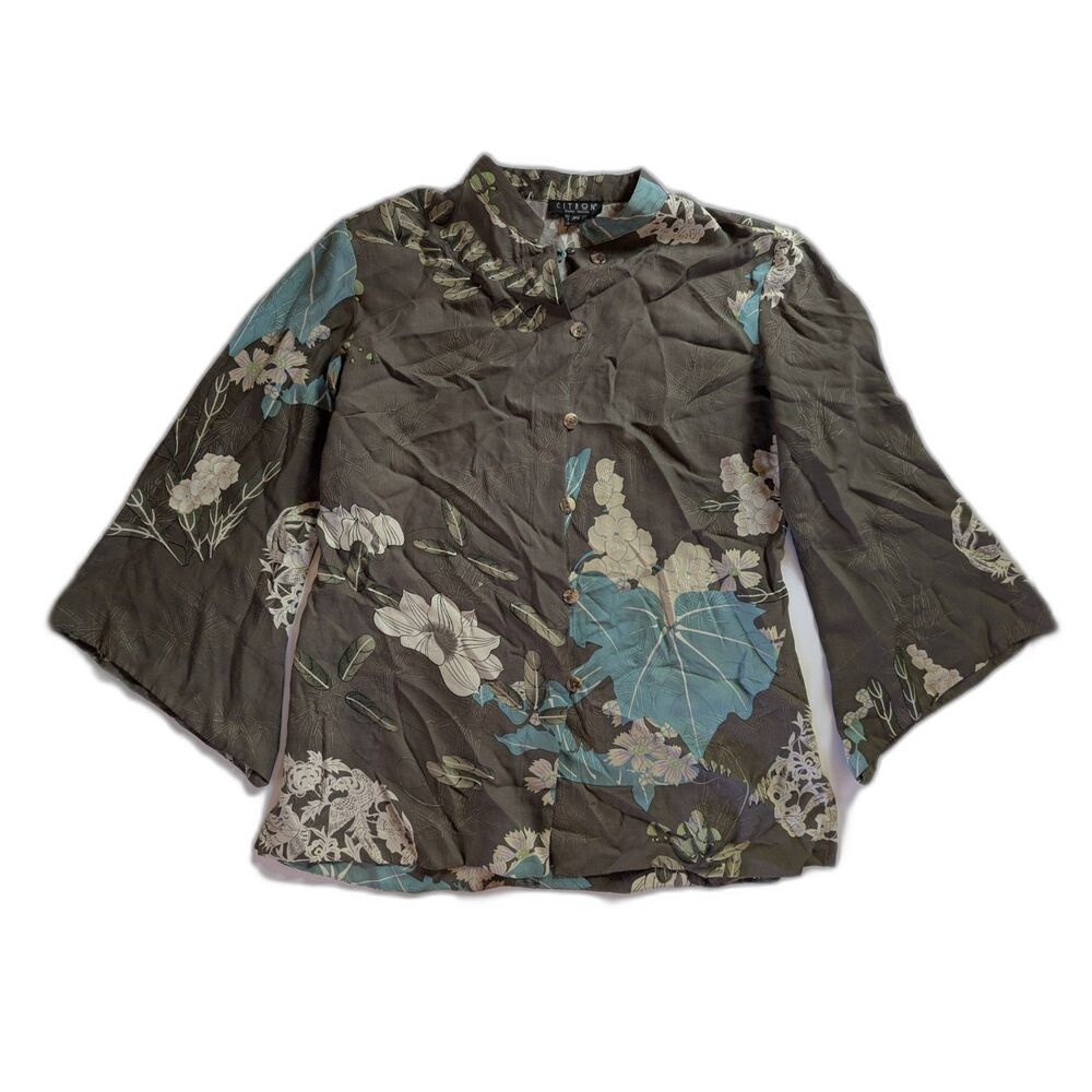 Citron Santa Monica Women’s PS Petite Small Tropical Floral Button Silk Blouse